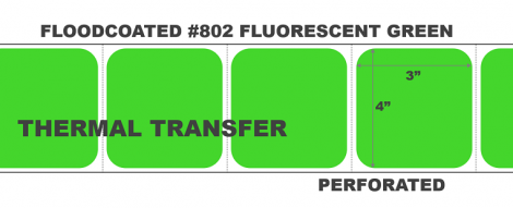 4" x 3" Thermal Transfer Labels - Perforated - Floodcoated #802 Fluorescent Green